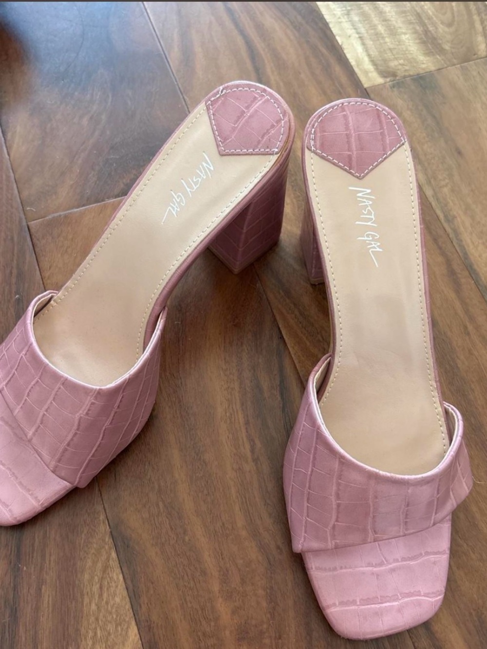 Nasty Gal Pink Croc-Embossed Block Heel Mules